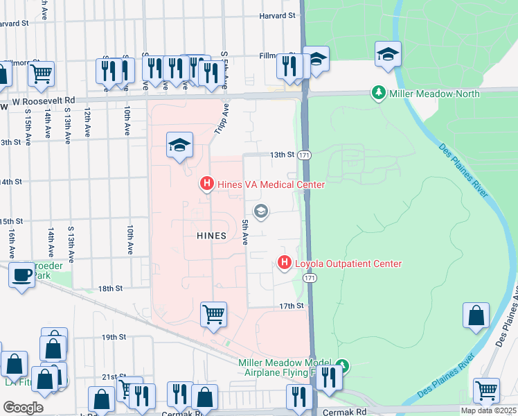 map of restaurants, bars, coffee shops, grocery stores, and more near in Hines