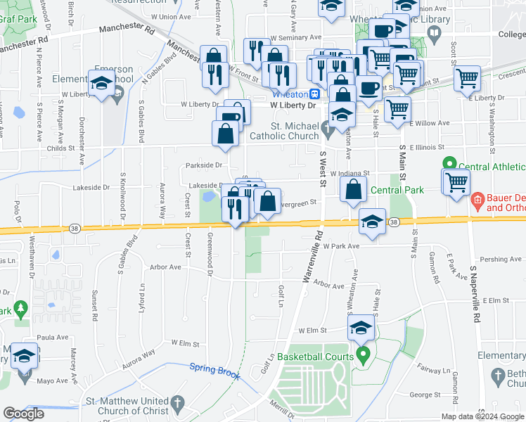 map of restaurants, bars, coffee shops, grocery stores, and more near 611 Sunnyside Avenue in Wheaton