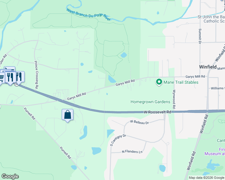 map of restaurants, bars, coffee shops, grocery stores, and more near 28W351 Garys Mill Road in Winfield