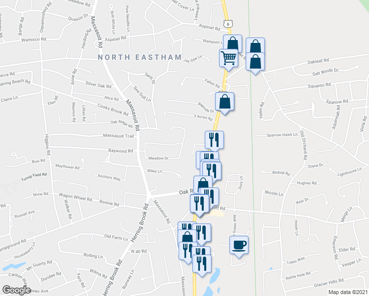 map of restaurants, bars, coffee shops, grocery stores, and more near 110 Meadow Drive in Eastham