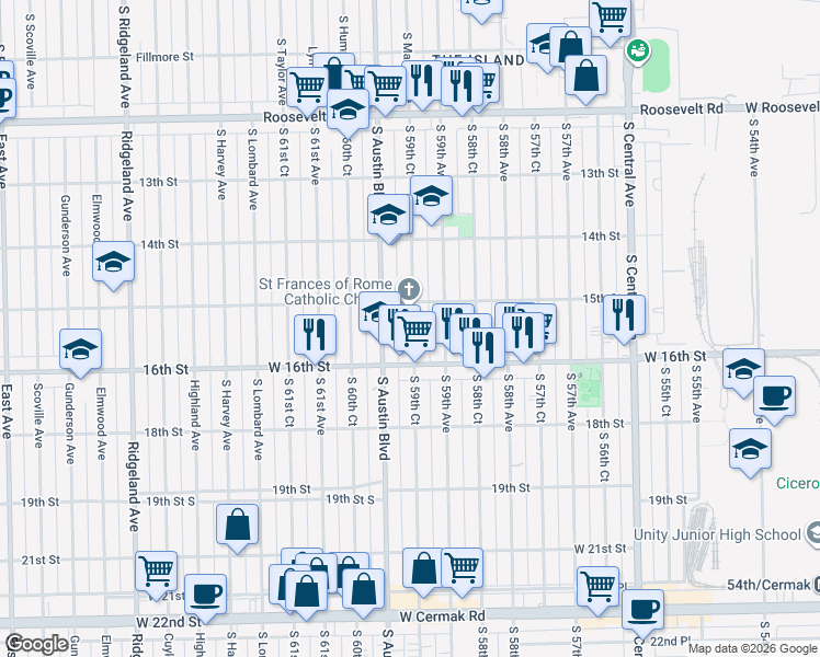 map of restaurants, bars, coffee shops, grocery stores, and more near 1540 South 59th Court in Cicero