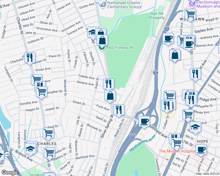 map of restaurants, bars, coffee shops, grocery stores, and more near in Pawtucket