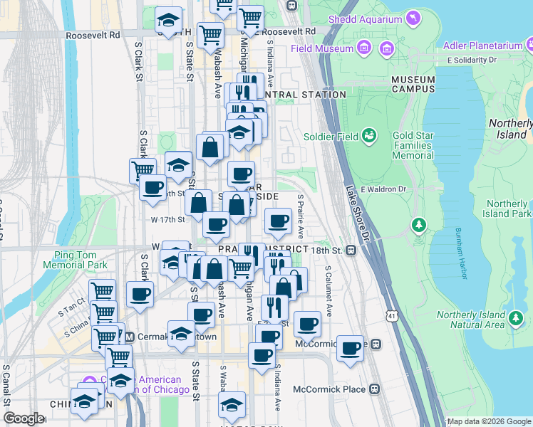 map of restaurants, bars, coffee shops, grocery stores, and more near 1632 South Indiana Avenue in Chicago
