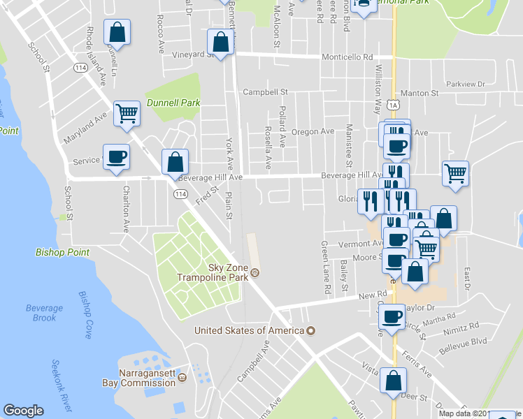 map of restaurants, bars, coffee shops, grocery stores, and more near 55 Crystal Place in Pawtucket
