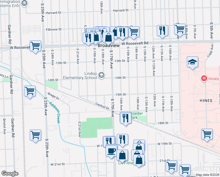 map of restaurants, bars, coffee shops, grocery stores, and more near 2436 South 17th Avenue in Broadview