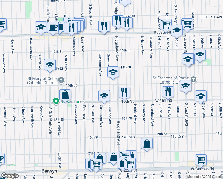 map of restaurants, bars, coffee shops, grocery stores, and more near 1513 Elmwood Avenue in Berwyn