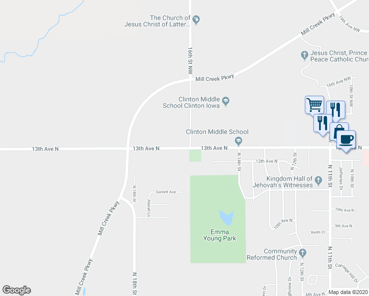 map of restaurants, bars, coffee shops, grocery stores, and more near 1624 13th Avenue North in Clinton