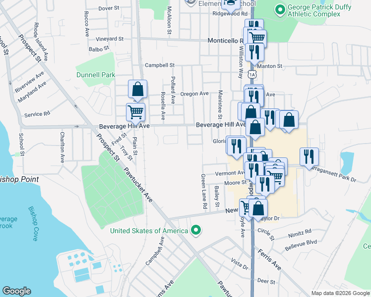 map of restaurants, bars, coffee shops, grocery stores, and more near 11 Annette Avenue in Pawtucket