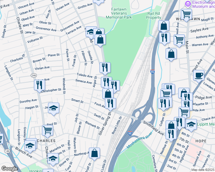 map of restaurants, bars, coffee shops, grocery stores, and more near in Pawtucket