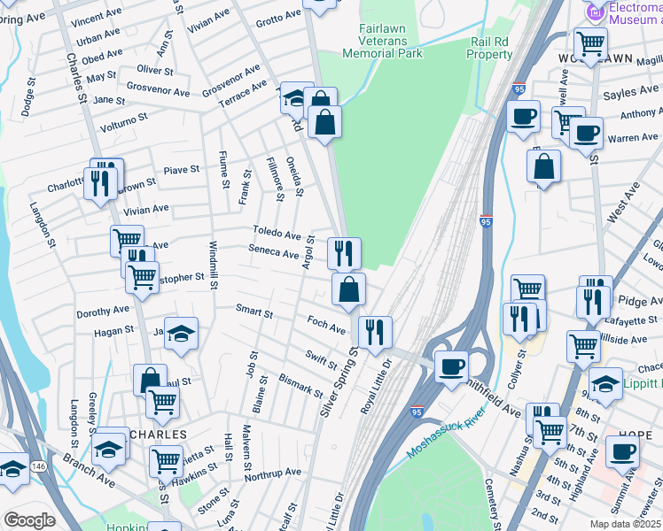 map of restaurants, bars, coffee shops, grocery stores, and more near 31 Edgeworth Avenue in Providence
