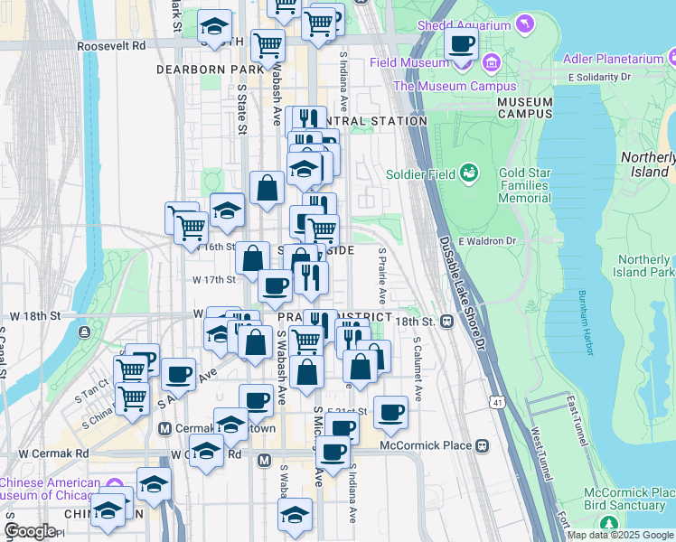 map of restaurants, bars, coffee shops, grocery stores, and more near 1638 South Indiana Avenue in Chicago