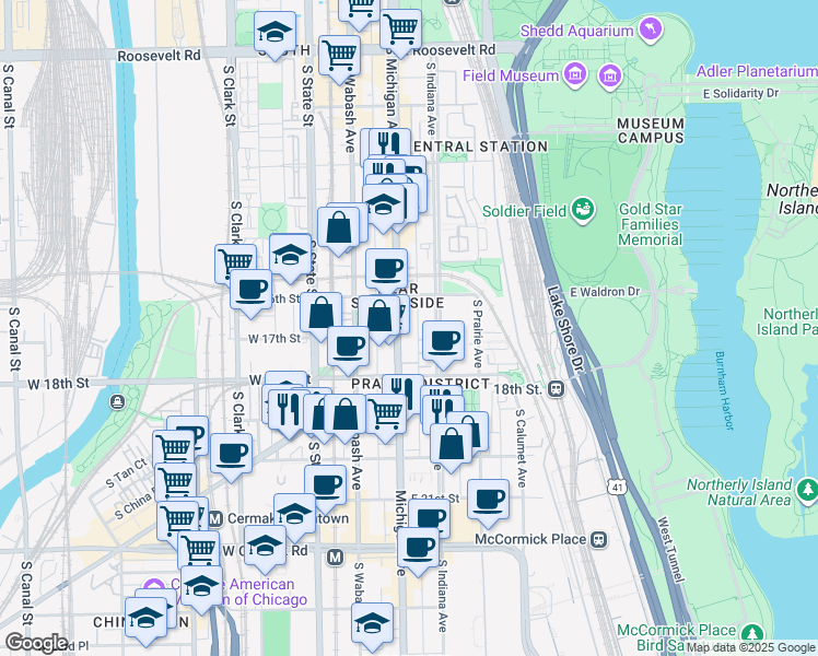 map of restaurants, bars, coffee shops, grocery stores, and more near 1700 Michigan Avenue in Chicago