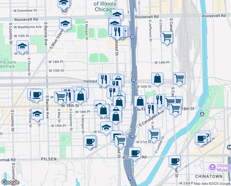 map of restaurants, bars, coffee shops, grocery stores, and more near 1703 South Halsted Street in Chicago