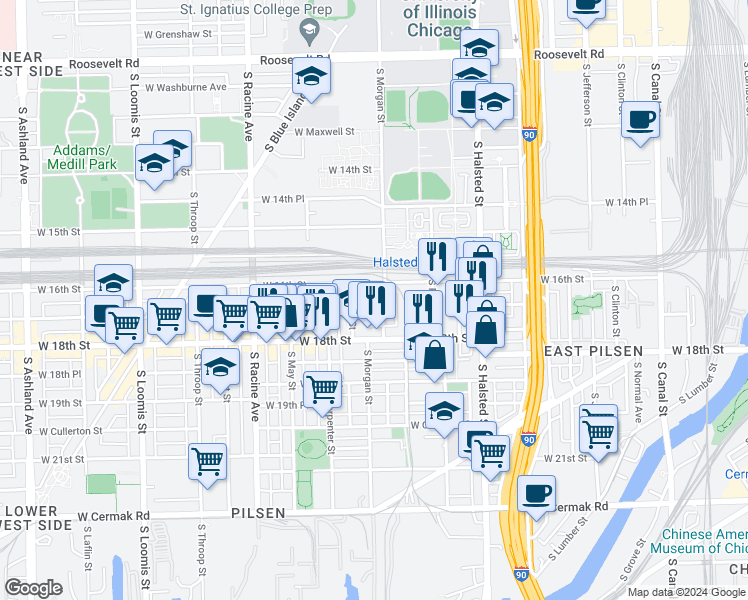map of restaurants, bars, coffee shops, grocery stores, and more near 1700 South Morgan Street in Chicago