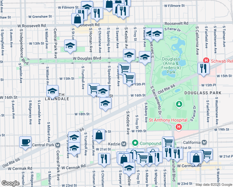map of restaurants, bars, coffee shops, grocery stores, and more near 1601 South Sawyer Avenue in Chicago