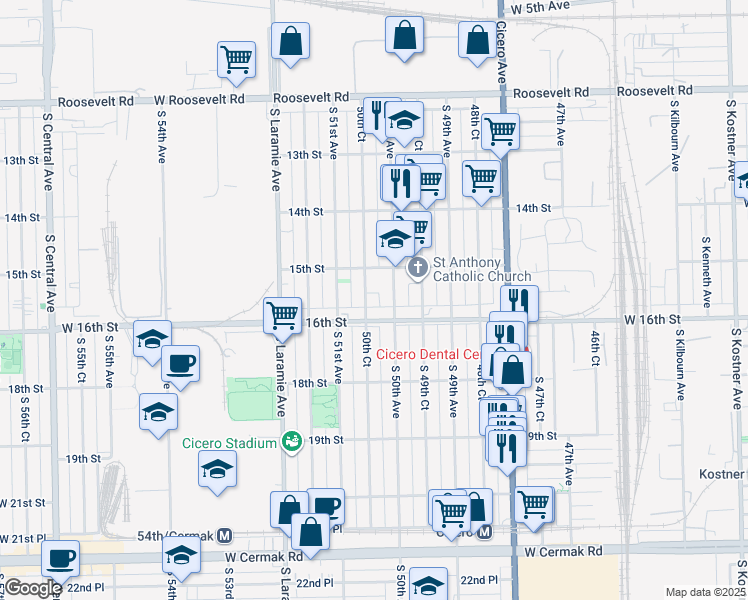 map of restaurants, bars, coffee shops, grocery stores, and more near 5016 West 16th Street in Cicero