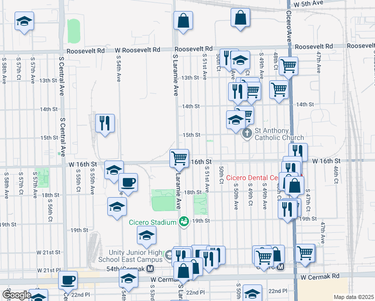 map of restaurants, bars, coffee shops, grocery stores, and more near 5120 West 16th Street in Cicero