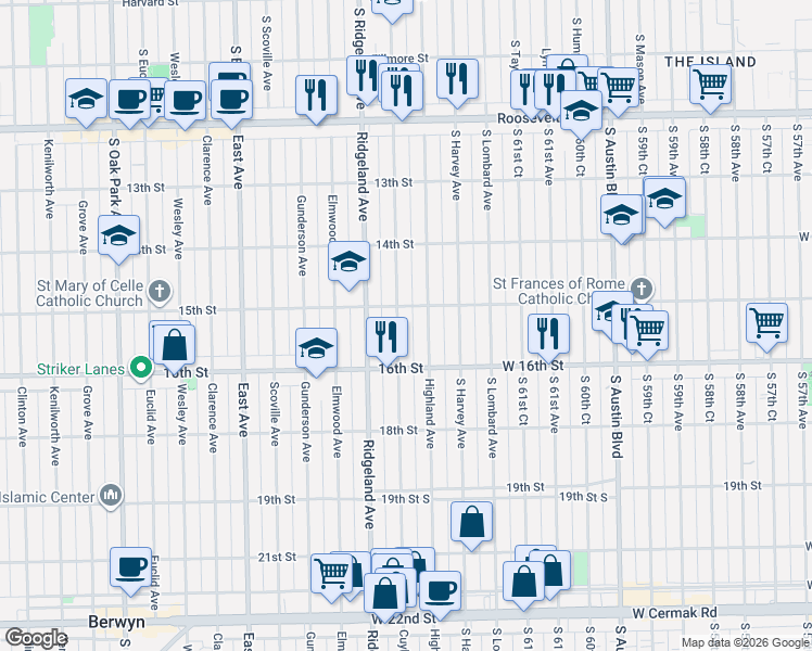 map of restaurants, bars, coffee shops, grocery stores, and more near 1524 Highland Avenue in Berwyn