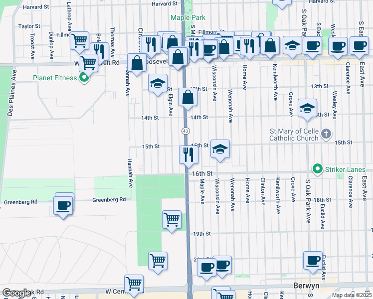 map of restaurants, bars, coffee shops, grocery stores, and more near 1515 South Harlem Avenue in Forest Park