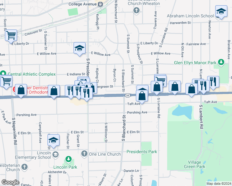 map of restaurants, bars, coffee shops, grocery stores, and more near 1312 Roosevelt Road in Wheaton
