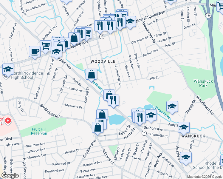 map of restaurants, bars, coffee shops, grocery stores, and more near 15 Lexington Avenue in North Providence
