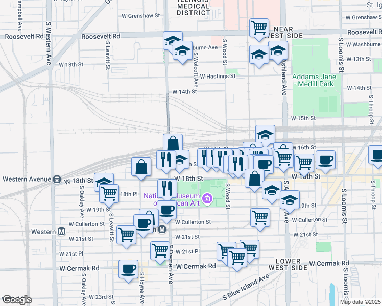 map of restaurants, bars, coffee shops, grocery stores, and more near 1858 West 17th Street in Chicago