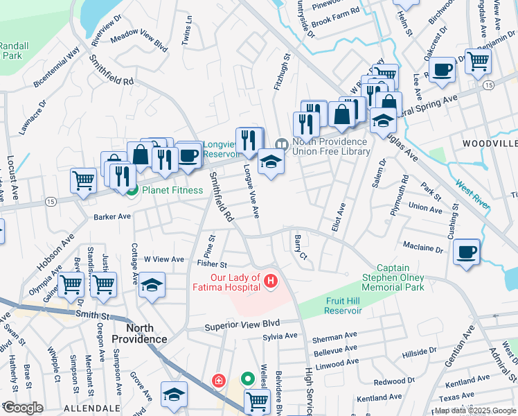map of restaurants, bars, coffee shops, grocery stores, and more near 17 Longue Vue Avenue in North Providence