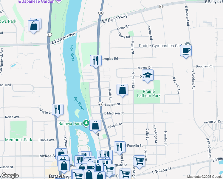 map of restaurants, bars, coffee shops, grocery stores, and more near 824 Park Street in Batavia