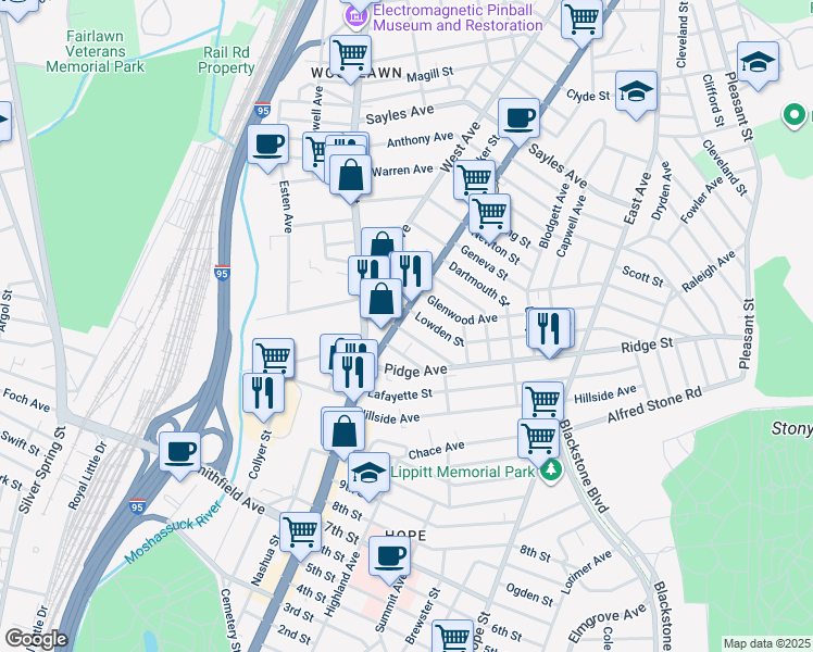 map of restaurants, bars, coffee shops, grocery stores, and more near 49 Carver Street in Pawtucket