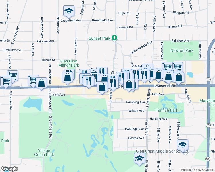 map of restaurants, bars, coffee shops, grocery stores, and more near 495 Roosevelt Rd in Glen Ellyn