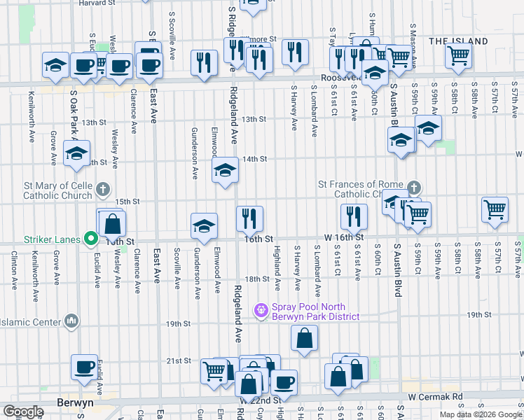 map of restaurants, bars, coffee shops, grocery stores, and more near 1524 Highland Avenue in Berwyn