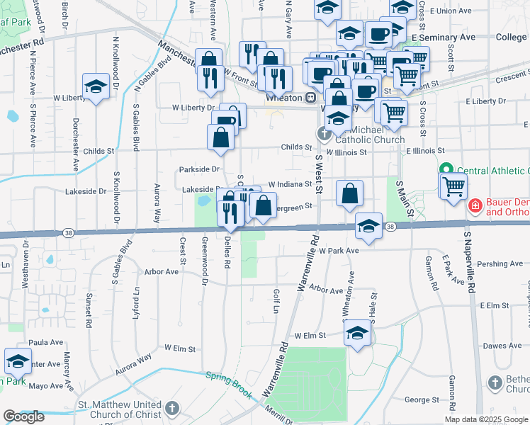 map of restaurants, bars, coffee shops, grocery stores, and more near 536 West Evergreen Street in Wheaton