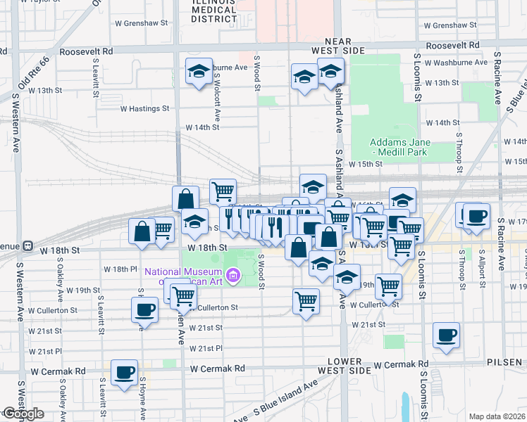 map of restaurants, bars, coffee shops, grocery stores, and more near 1603 South Wood Street in Chicago