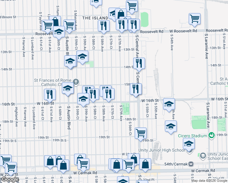 map of restaurants, bars, coffee shops, grocery stores, and more near 1522 South 57th Court in Cicero