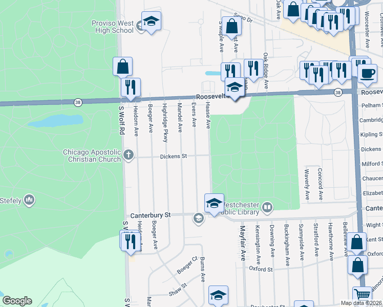 map of restaurants, bars, coffee shops, grocery stores, and more near 1407 Evers Avenue in Westchester