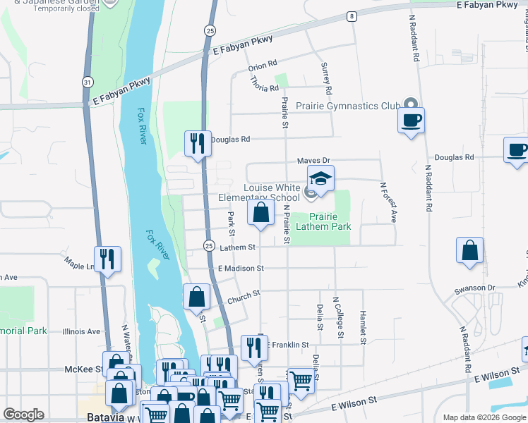 map of restaurants, bars, coffee shops, grocery stores, and more near 741 North Van Buren Street in Batavia