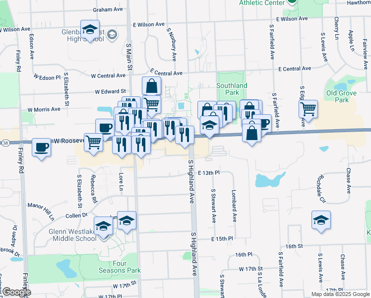 map of restaurants, bars, coffee shops, grocery stores, and more near 1300 South Highland Avenue in Lombard