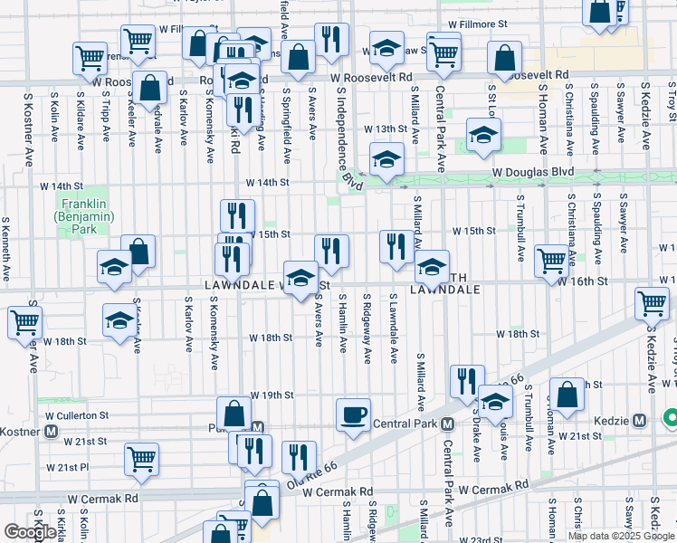 map of restaurants, bars, coffee shops, grocery stores, and more near 1550 South Hamlin Avenue in Chicago
