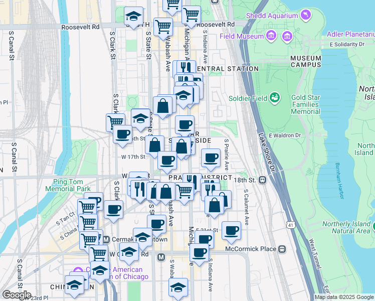 map of restaurants, bars, coffee shops, grocery stores, and more near 1620 South Michigan Avenue in Chicago