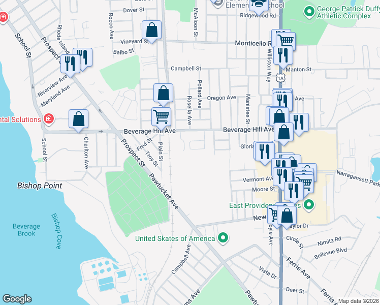 map of restaurants, bars, coffee shops, grocery stores, and more near 55 Crystal Place in Pawtucket