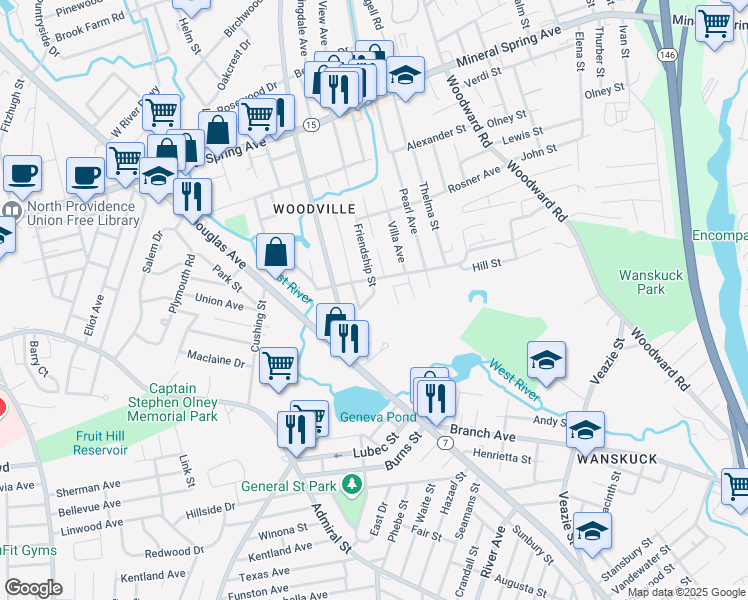 map of restaurants, bars, coffee shops, grocery stores, and more near 6 Goldsmith Street in North Providence