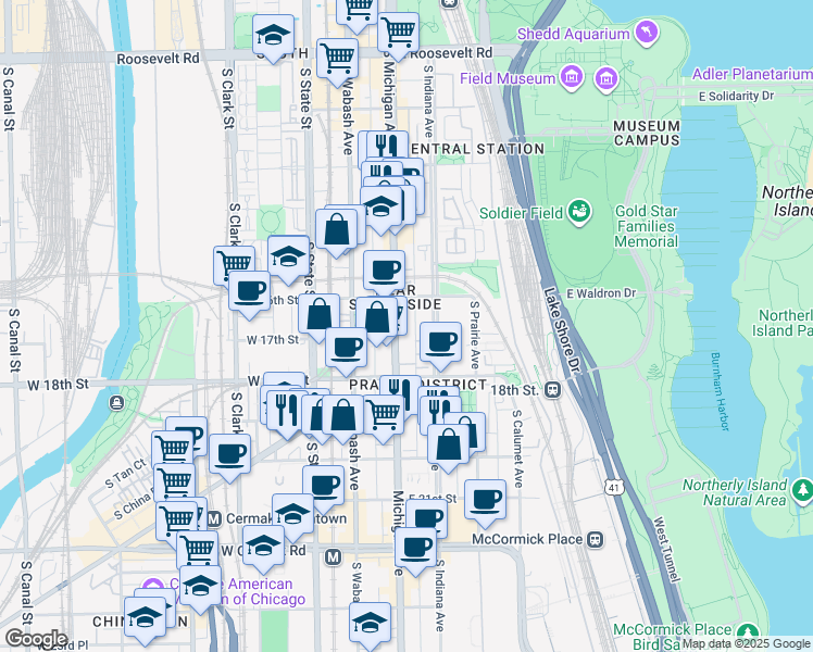 map of restaurants, bars, coffee shops, grocery stores, and more near 1700 Michigan Avenue in Chicago