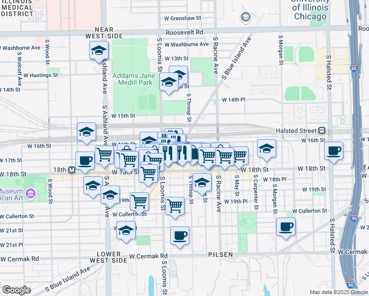 map of restaurants, bars, coffee shops, grocery stores, and more near 1625 South Blue Island Avenue in Chicago