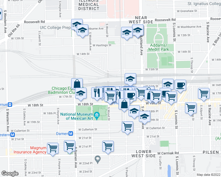 map of restaurants, bars, coffee shops, grocery stores, and more near 1748 West 17th Street in Chicago
