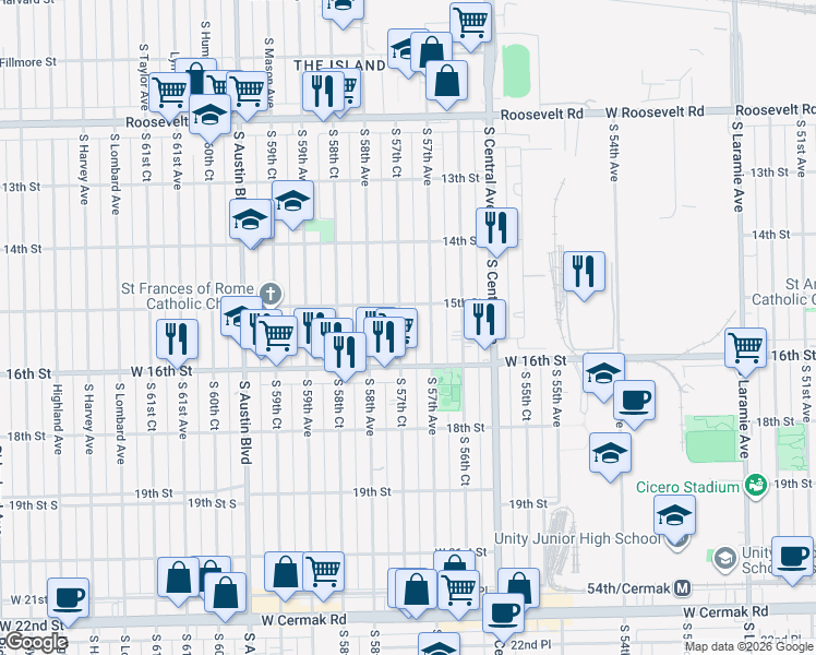 map of restaurants, bars, coffee shops, grocery stores, and more near 1522 South 57th Court in Cicero