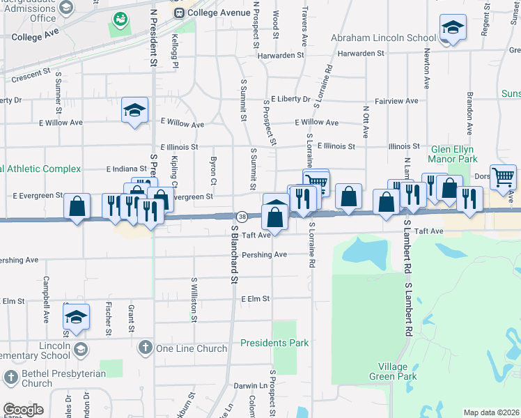 map of restaurants, bars, coffee shops, grocery stores, and more near 1420 Roosevelt Road in Wheaton