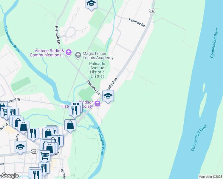 map of restaurants, bars, coffee shops, grocery stores, and more near 160 Palisado Avenue in Windsor