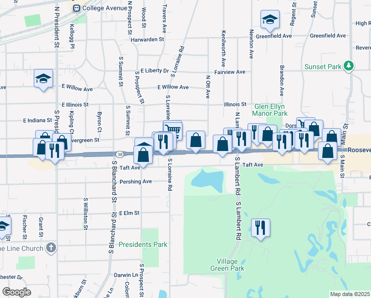 map of restaurants, bars, coffee shops, grocery stores, and more near in Wheaton