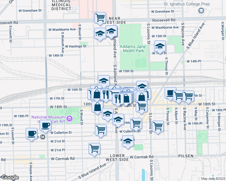 map of restaurants, bars, coffee shops, grocery stores, and more near 1625 South Ashland Avenue in Chicago