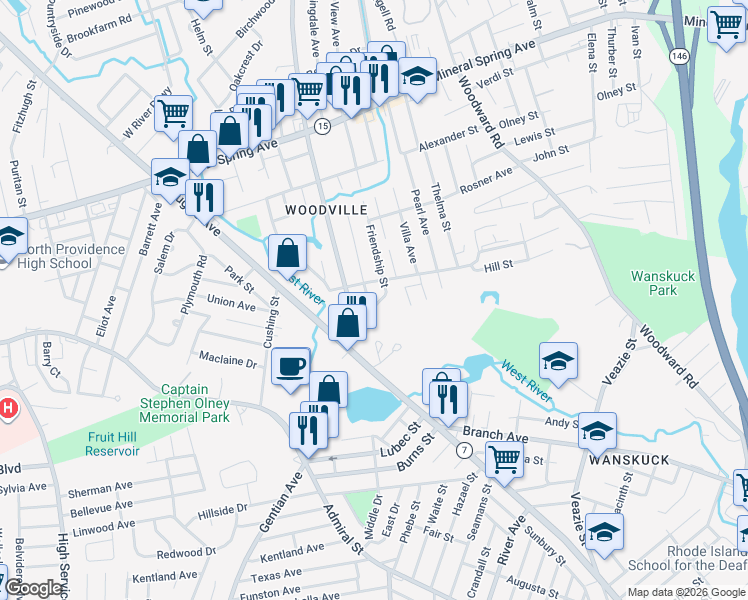 map of restaurants, bars, coffee shops, grocery stores, and more near 11 Goldsmith Street in North Providence
